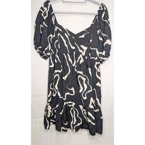 Nine West Abstract Print Puff Sleeve Mini Dress XL Black Beige Boho Smocked Back